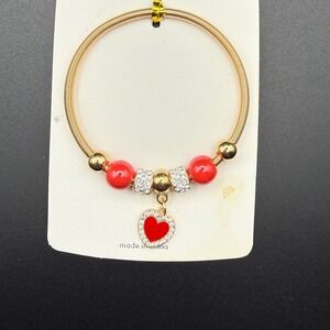 Gold‎ Tone Heart Charm Bracelet Red Beads Rhinestone Accent